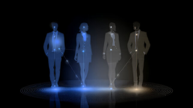 Group of Diverse Professional Business Avatars in Digital Wireframe Style Representing Metaverse Networking and Virtual Office - Powered by Adobe