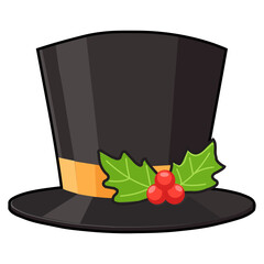 Festive holiday top hat with holly and berries isolated on white background