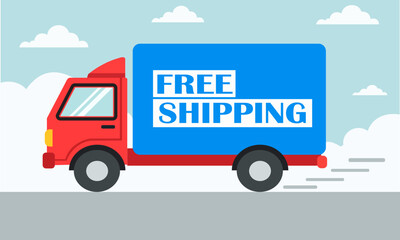 A red and blue truck with free shipping text on the side panel driving