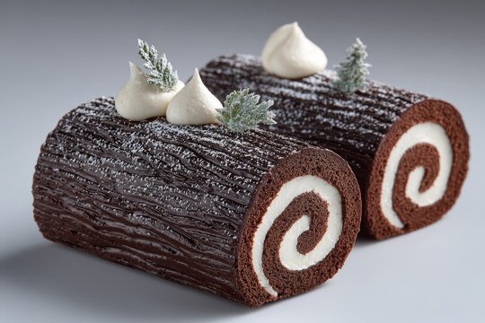 Traditional chocolate yule log cakes with festive decorations evoke holiday celebrations, winter gatherings, and seasonal dessert traditions