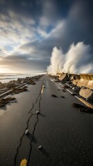 A dark sandy beach with a rocky shoreline and steam rising from the ground under a cloudy sky.
