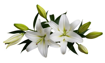 Fototapeta premium White lilies with green leaves and buds flowers floral isolated on a transparent background