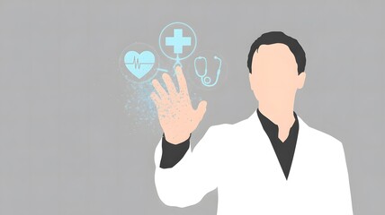 Doctor interacting with digital health icons floating above hand
