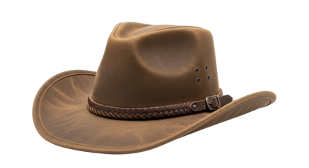 A brown leather outback hat showcases rugged textures and braided detail against a black backdrop.