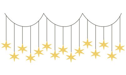 Star lights, starry icicle garland. Horizontal electric string, festive decoration, seasonal Xmas ornament.