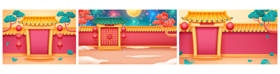 Traditional Chinese castle gates with lanterns set. Vector decorative fences surrounded by trees. Full moon with fireworks. CNY with oriental architecture, lights and decorative elements
