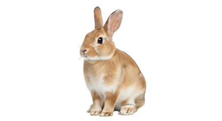 A charming tan rabbit sits attentively with its ears up, exhibiting a cute and observant demeanor.