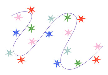 Star garland with colorful festive starry lights on twisted curvy wavy string. Christmas and New Year sparkling ornament
