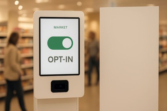 Digital retail kiosk screen displaying green opt-in toggle switch for consent. Space for text.