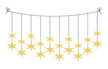 Star garland with festive lights on horizontal string, electric wire. Christmas and New Year illumination.