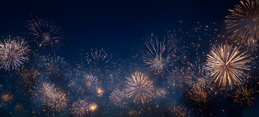 Obraz premium Silvester, New Year's Eve, Festival Party New Year 2026, new years eve Fireworks background banner panorama - firework and sparklers on rustic dark blue night sky texture