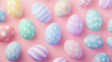 Colorful decorated easter eggs on pink background for holiday celebration