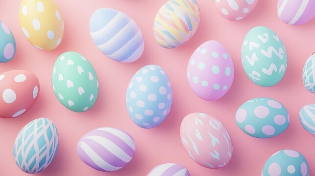 Colorful decorated easter eggs on pink background for holiday celebration