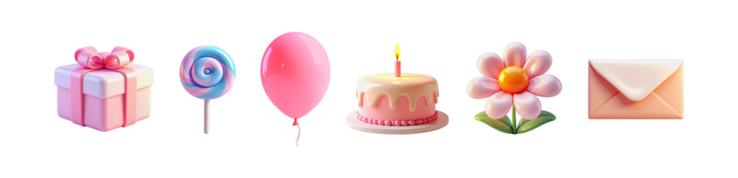 Set of birthday celebration clipart elements such as gift box, lollipop, envelope, balloon, birthday cake with candle and flower isolated. 3d rendering. PNG transparent background