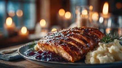 Classic Christmas dinner scene with glazed roast meat, mashed potatoes, berry sauce, and candlelight, evoking holiday tradition and family gatherings