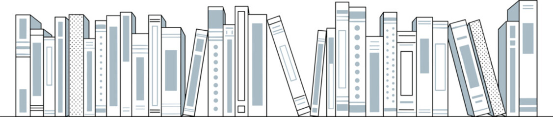 Minimal bookshelf illustration with assorted books arranged in a row, clean modern line art design for education, library, and reading concepts