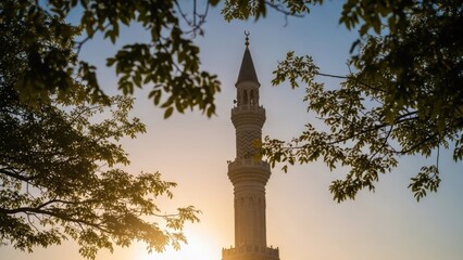 Beautiful Islamic minaret framed by leafy branches at sunset