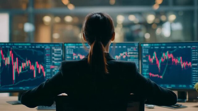 女性が急落チャートの前で頭を抱える