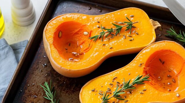 Cooking butternut squash with herbs and oil on a baking tray at home