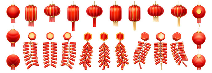 Chinese lanterns in various shapes and sizes. Vector round and oval paper lams set with tassels and celebratory sounds. Lunar New Year lights or festival. Holiday, cultural and decorative design © Sensvector