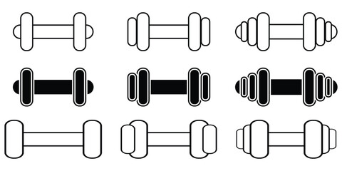 Dumbbell icons set in outlined and filled flat style. Gym heavy strength training dumbbell line pictograms. Weight lifting dumbbell signs eps 10