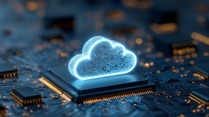 Cloud computing concept on blue circuit board, Abstract background of technology cloud computing with a glowing cloud icon on a blue circuit board. 3d Rendering
