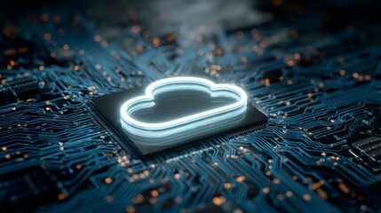 Cloud computing concept on blue circuit board, Abstract background of technology cloud computing with a glowing cloud icon on a blue circuit board. 3d Rendering