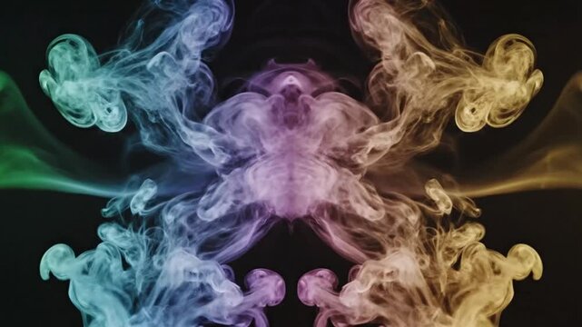 Multicolored smoke swirls and wafts against a dark background with vibrant purple, blue, green, and orange hues.