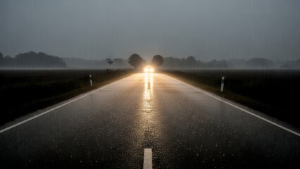 A wet road stretches into the distance on a gloomy day with headlights approaching.