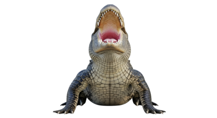 A low-angle view of an alligator with its mouth wide open showing its large teeth and pink mouth.