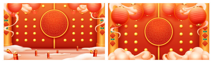 Closed traditional gates with columns, decorated with lanterns and surrounded by clouds. Vector protection and prosperity, harmony and good fortune in Lunar New Year. Festive banners and posters