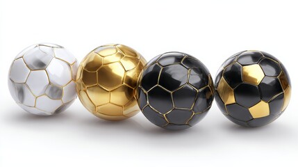 Colorful soccer balls collection. White, golden, black glossy football balls isolated design elements on white background. Vector 3d design elements. 