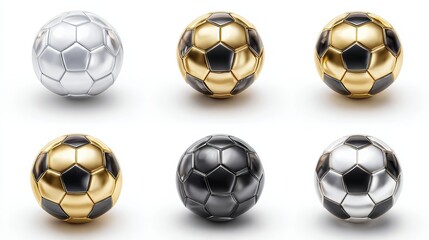 Colorful soccer balls collection. White, golden, black glossy football balls isolated design elements on white background. Vector 3d design elements. 