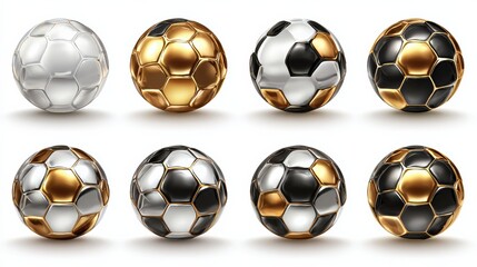 Colorful soccer balls collection. White, golden, black glossy football balls isolated design elements on white background. Vector 3d design elements. 