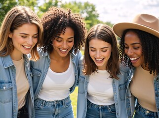 Group of diverse happy women friends laughing together in a park. Four young multiethnic females wearing denim shirts standing in a circle. Cheerful friendship and unity concept