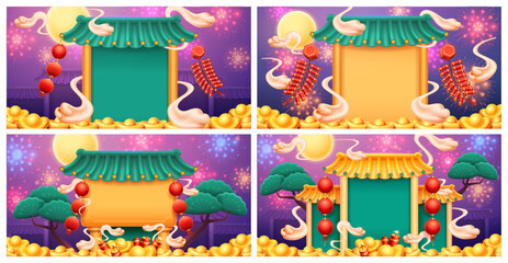 Chinese night landscapes set. Vector castle with lanterns, fireworks and golden bars, bright moon and pine trees. Prosperity and success, wealth and good fortune in Lunar New Year culture