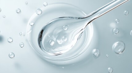 Cosmetic gel, serum transparent sample. Liquid cream with bubble texture. Gel texture of a cosmetic product. Clear liquid lotion for skin care. 