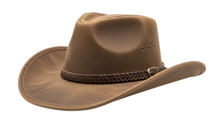 A ruggedly handsome brown cowboy hat with worn leather textures and decorative woven hatband detail.