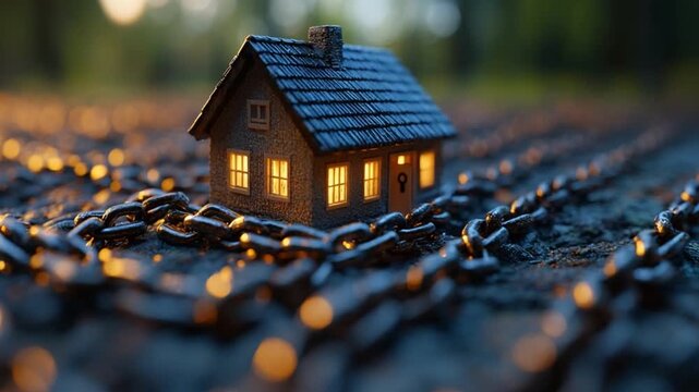 House of Restraint: A miniature house is encircled by a heavy chain, symbolizing the constraints and limitations of property ownership or external forces, representing the weight of burdens. 