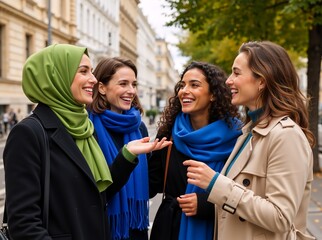 Group of diverse women friends laughing and talking on a city street. Multicultural young adults enjoying a happy conversation outdoors