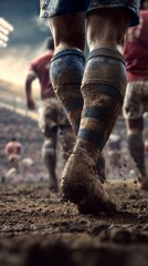 Cropped image of male legs in dirty uniform, football players during game, competing on sport field, 3d outdoor arena. Concept of sport, game, competition, championship. 3D render 