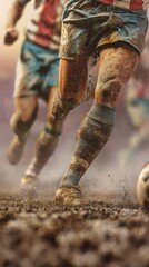 Cropped image of male legs in dirty uniform, football players during game, competing on sport field, 3d outdoor arena. Concept of sport, game, competition, championship. 3D render 