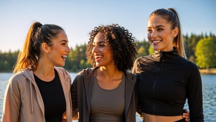 Three happy diverse women laughing together outdoors near a lake. Fitness friends resting after workout at sunset. Healthy lifestyle and friendship concept