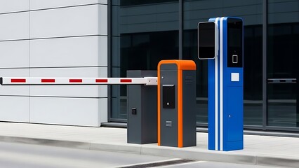 Automatic barrier gate system with ticket dispenser and card reader for parking lot or controlled access entry point
