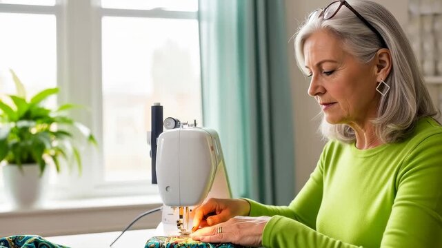 Experienced woman sews fabric using a sewing machine by the window in a bright room in the morning