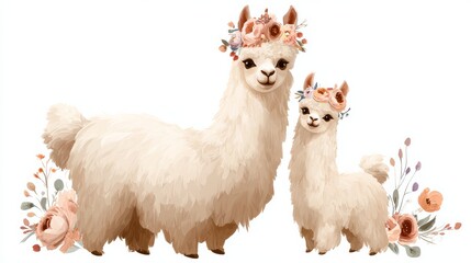 Cute fluffy llamas and alpacas with flowers isolated on a white background. Mother lama and her baby. Animal and nature-themed concept design. Vector illustration 