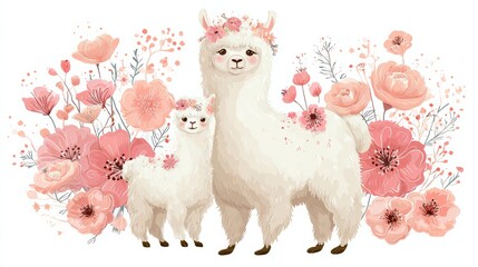 Cute fluffy llamas and alpacas with flowers isolated on a white background. Mother lama and her baby. Animal and nature-themed concept design. Vector illustration 