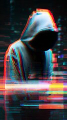Cyber attack with unrecognizable hooded hacker using virtual reality, digital glitch effect