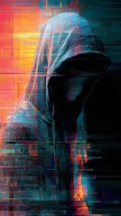 Cyber attack with unrecognizable hooded hacker using virtual reality, digital glitch effect