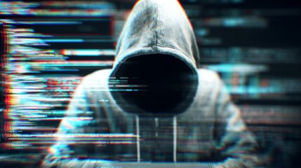 Cyber attack with unrecognizable hooded hacker using virtual reality, digital glitch effect